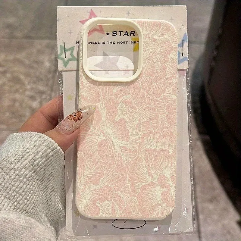 Elegant Pink Floral Lichee Leather Pattern Shockproof Phone Case