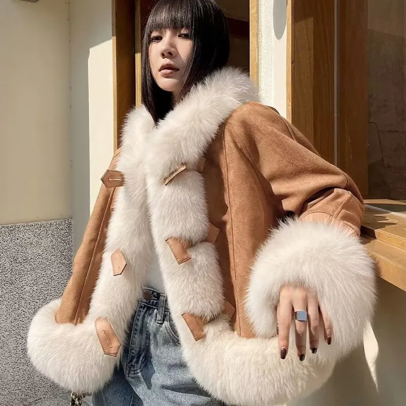 

Женское кашемировое меховое пальто, шерстяное пальто с воротником из натурального Лисьего меха, роскошная верхняя одежда для зимы, 2024