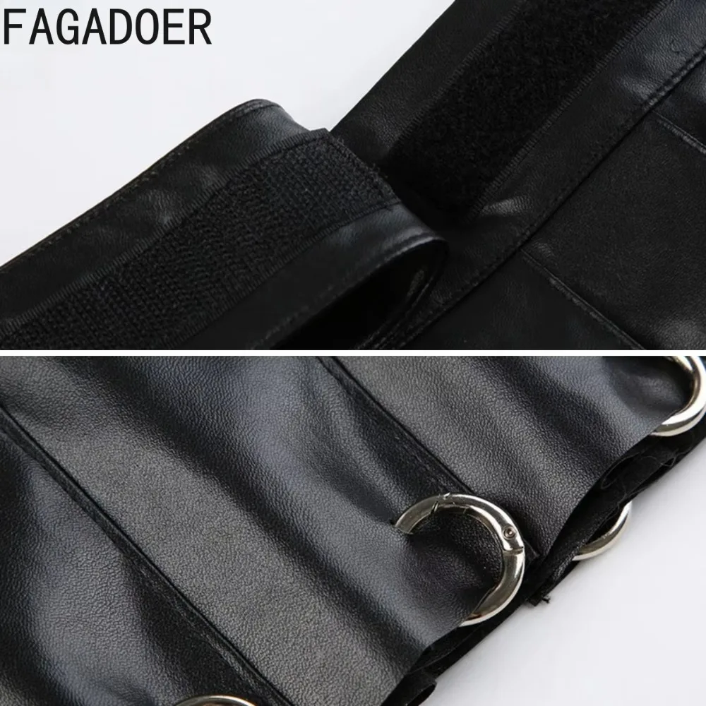 FAGADOER Punk Sexy Leather Pleated Mini Skirts Two Piece Set Women Hooded Backless Lace Up Crop Top And Skirts Nightclub Outfit 6