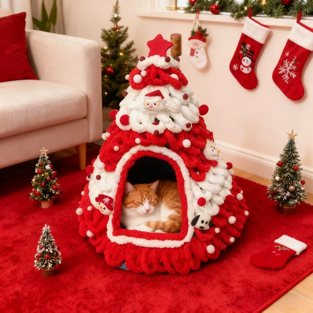Finished Product Christmas Tree Cat Nest Cat House/ Winter Warmth Closed Security Cat Bed Weave Pet Tent No Need To Make고양이 굴