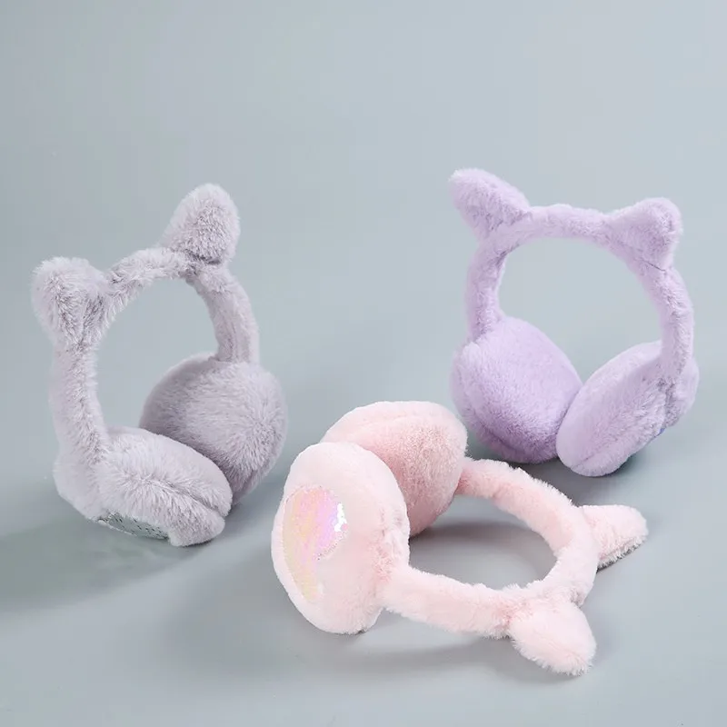 New Cute Women Winter Warm Earmuffs Glitter Sequin Cat Ear Soft Plush Solid Color Love Earmuffs Cold Protection Warm Hot 1PCS