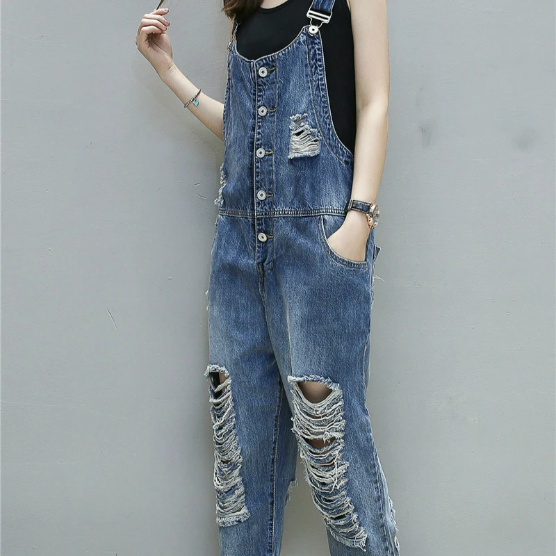 Women Jeans Jumpsuit 2023 Spring Summer Vintage Loose Denim Rompers Casual Ripped Hole Straight Denim Overalls Playsuit
