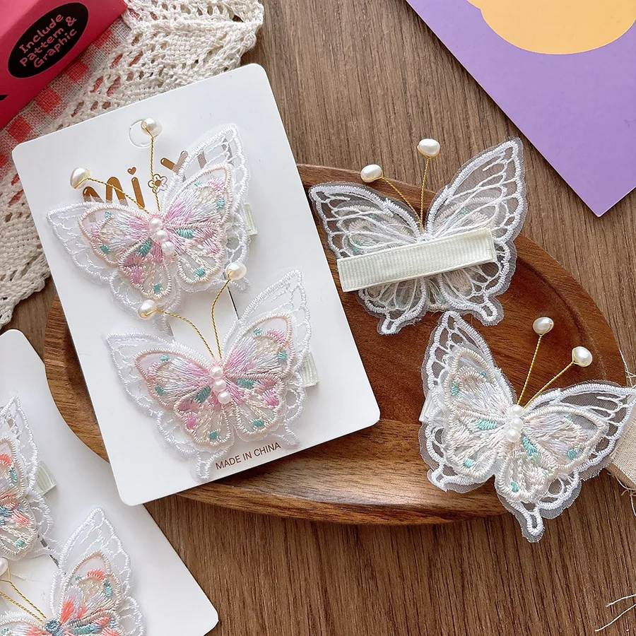 2pcs Antique Mesh Embroidery Pearl Butterfly Children's Hairpin Sweet Headwear Girls Kids Hair Accessories