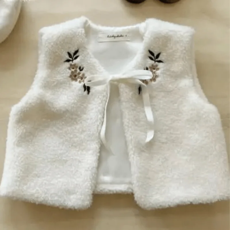 Newborn Baby Girl Fleece Flower Vest Winter Infant Toddler Child Embroidery Jacket Warm Thick Floral Cardigan Baby Clothes 3M-2Y