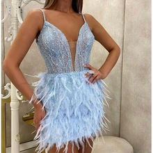 

Prom Evening Dress V-neck Spaghetti Strap Short Feather Dress Sexy Women High Waist Mini Party Dress