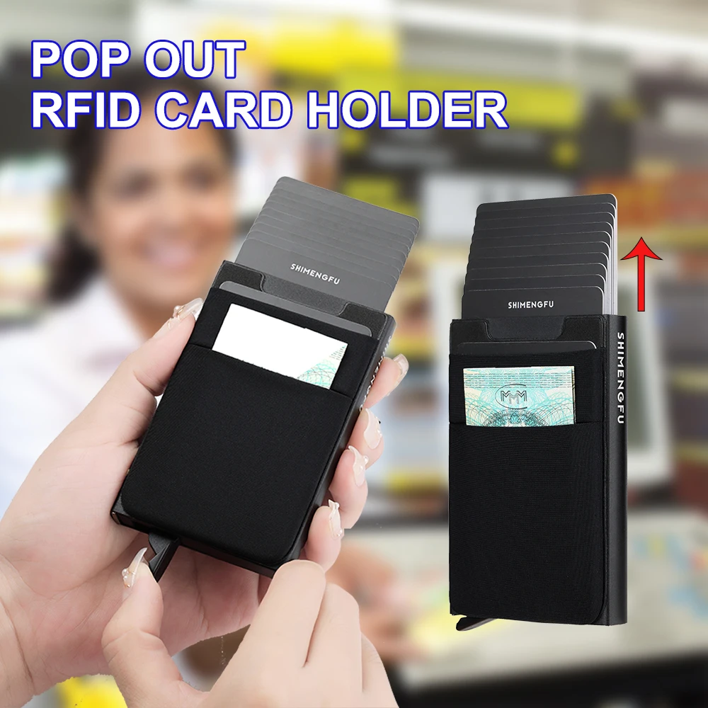 Schlanke Metall-Geldbörse mit RFID-Blockierung Automatisches Pop-up-Kartenetui Elastische Rückentasche Ausweis- und Kreditkartenhalter Mini-Bankettasche – Detail 3
