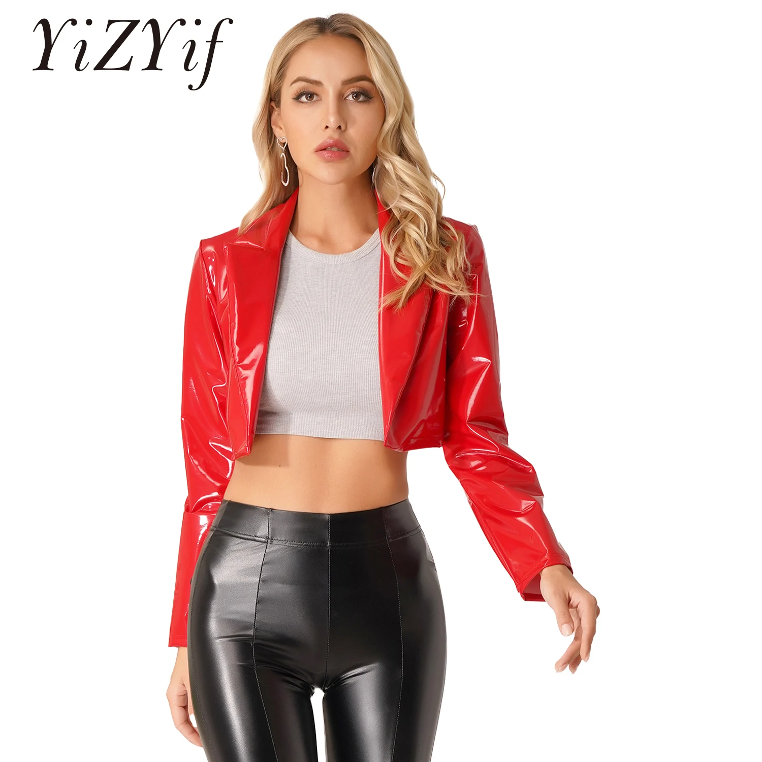 

Fashion Long Sleeve Crop Jacket for Women Glossy Patent Leather Lapel Cropped Coat Ladies Wetlook Clubwear Cosplay Party Costume