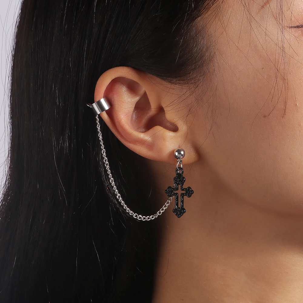 Aihua 1pc Punk Black Cross Tassel Earrings Women Clip Stud