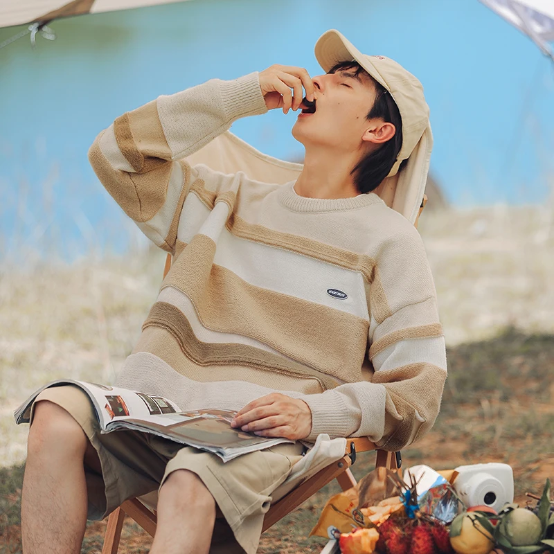 

Гонконгский стиль, свитер с круглым вырезом, Мужской Ретро стиль, цветная полоса, осень, новая свободная модная одежда, свитер с длинным рукавом, трикотажный пуловер для мужчин