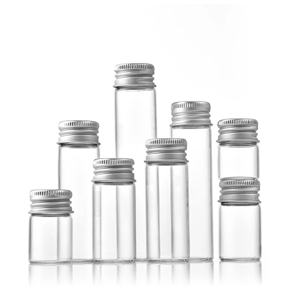 15/25/60/80/100ml Mini Clear Glass Bottles Screw Top Aluminum Lids Sealed Container Sample Capsule Tube Jars Transparent Vial