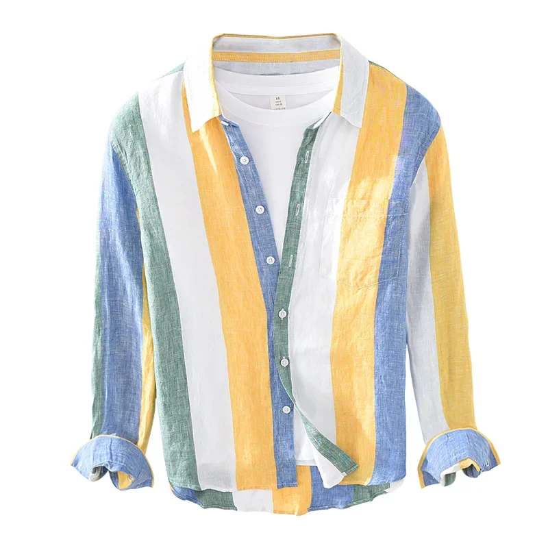 Men Clothing Men's Linen Long-sleeved Shirt Youth Art Fresh Loose Striped Lapel Shirt Camisas Para Hombre long sleeve shirt,men casual shirt