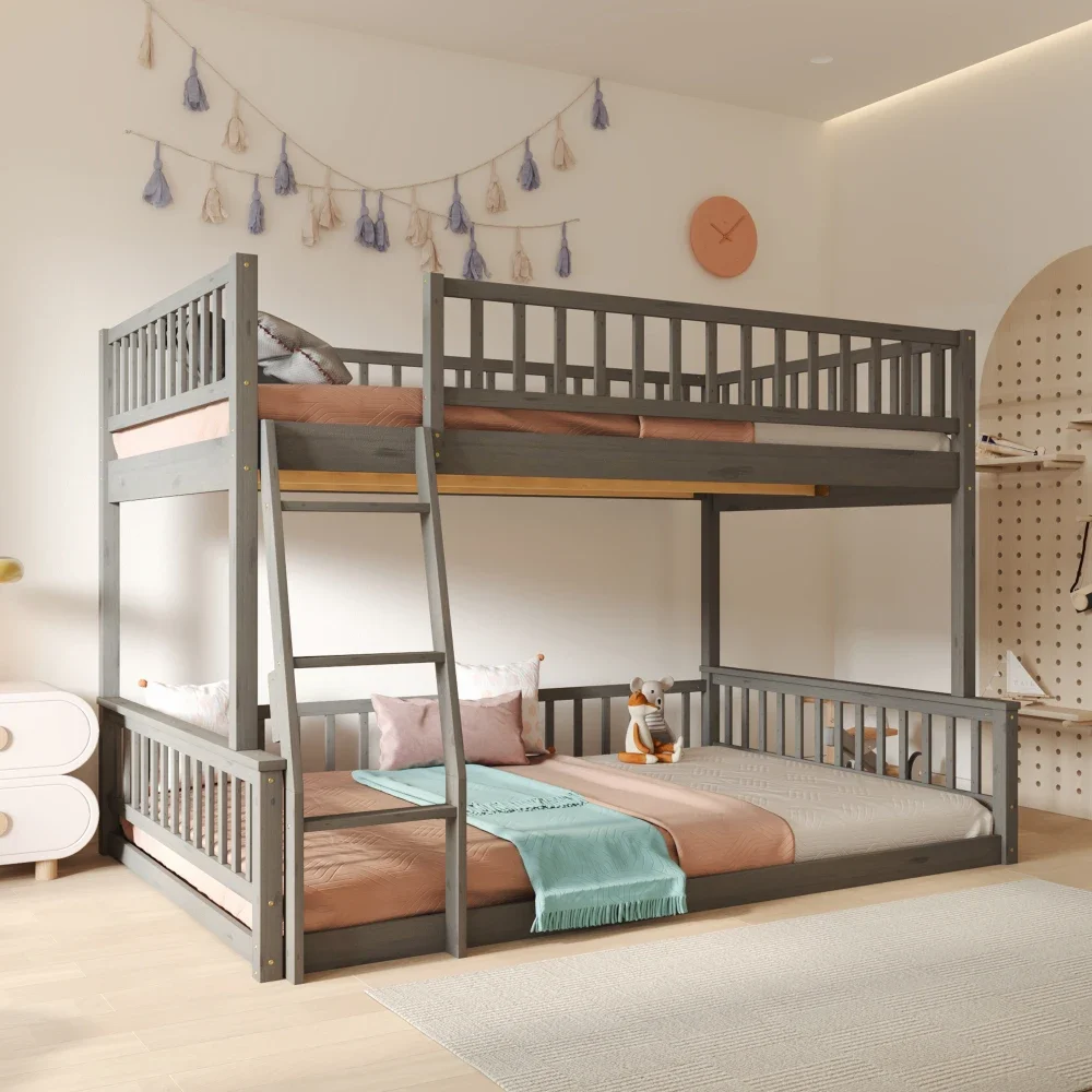 Children Beds Twin XL Over Queen Bunk Bed with Ladder and Guardrails, Walnut Kids Furniture Bed for Boys Bunk Beds Bed for Girls 2