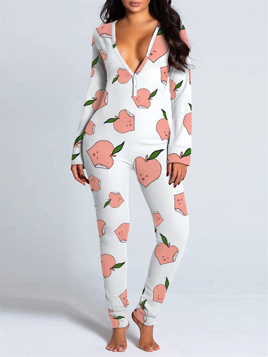 Valentine's Day Sleepwear Jumpsuit Long Sleeve Butt Flap Romper Women V-neck Heart Letters Print 1 Piece Lounge Nightwear