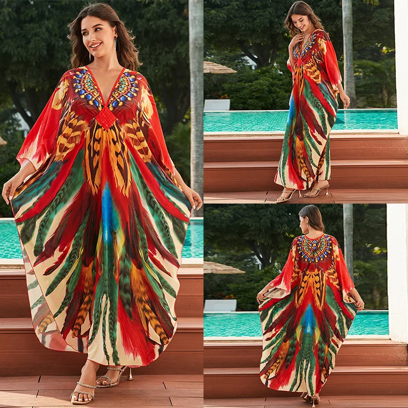 Women's Ethnic Print Kaftan Robe - Beach Cover Up, Maxi Dress, Bathing Suit Cover, One Size Fits S-3XL - View #7