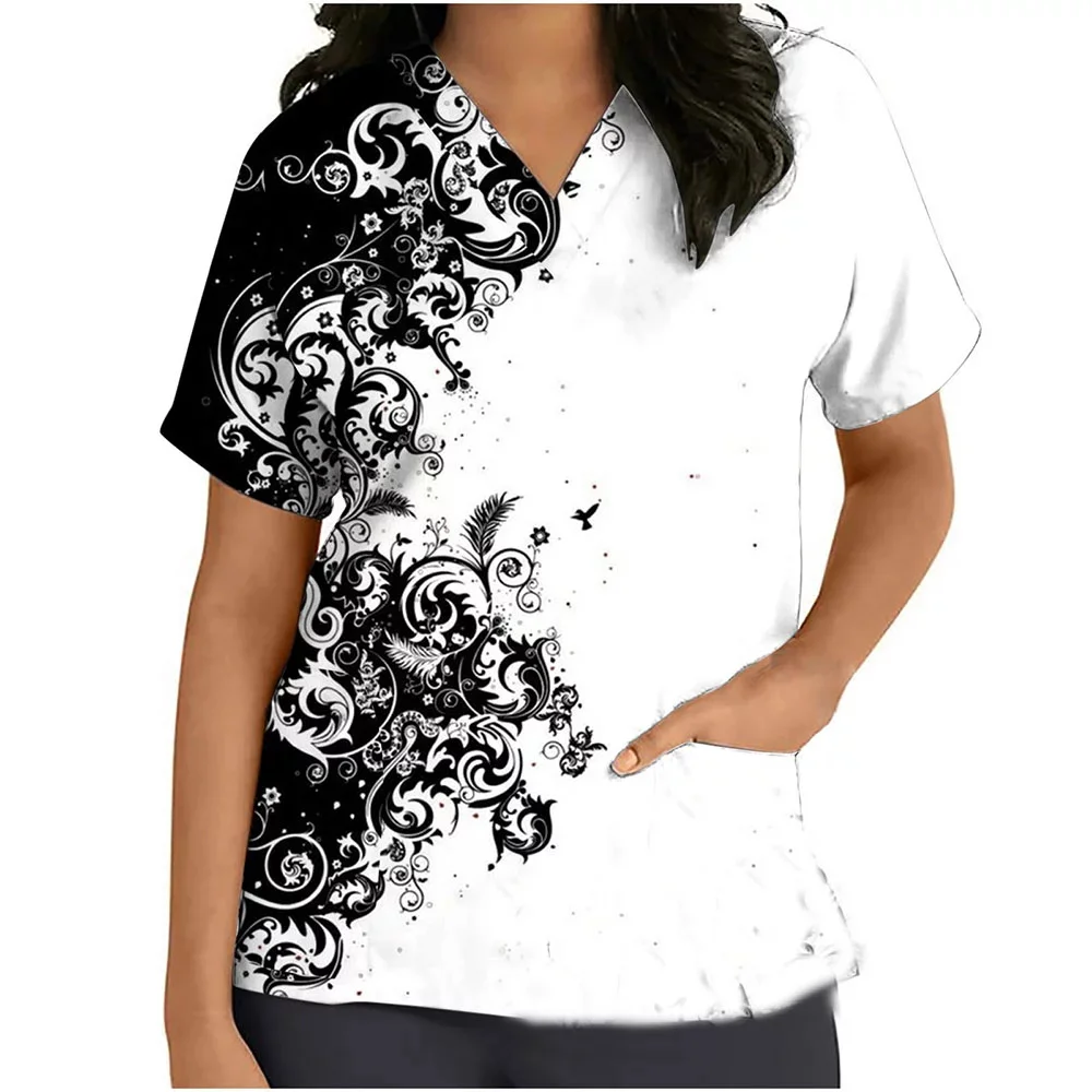 Healthcare Nurse Tunic Uniforms Women Short Sleeve Medical Scrubs Tops Flower Print Pockets Workwear for Clinic Nurse uniform suits nurse uniform dress working uniform blouse nurse scrubs top