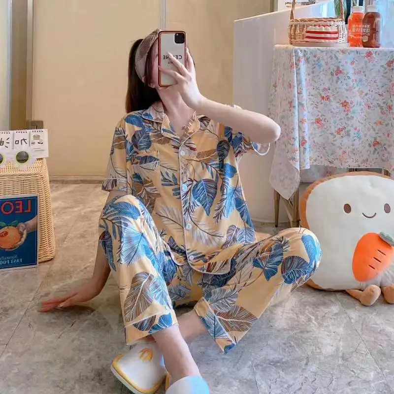 Spring Autumn Women's Milk Silk Pajamas Short Sleeve Cardigan Pants Loose Home Clothing Set Girl Cartoon Sweet Cute Sleepwear