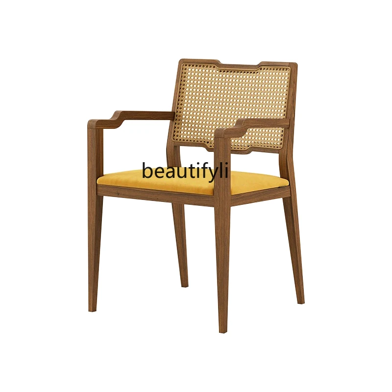 

American Retro Solid Wood Rattan Dining Chair Simple Rattan Leisure Armchair Designer Home Backrest Desk Chair