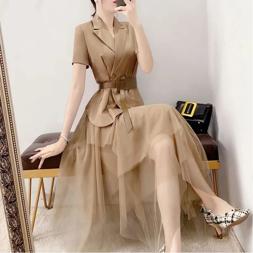 High End Socialite Suit Mesh Skirt Set for Women's Spring and Summer Professional Short Sleeved Waist Jacket Two-piece Set