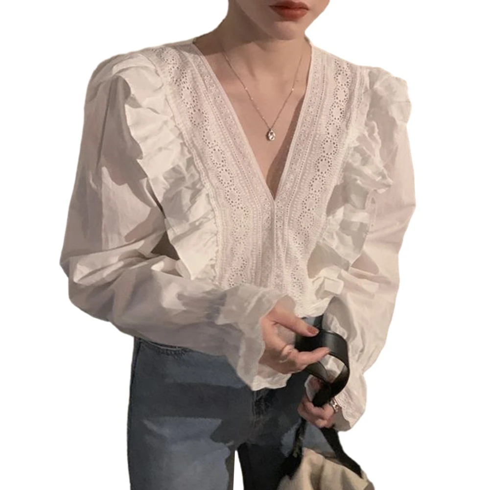 

Весенняя элегантная женская рубашка с оборками и V-образным вырезом Блуза, Топ Свободный Женская рубашка с длинным рукавом белого цвета Размеры S XL