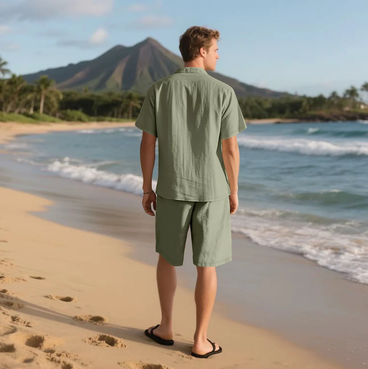 Summer Men's Solid-Color Linen Beach Suit, Lapel Button Short-Sleeved Shirt Paired With Drawstring Shorts, Casual 2-Piece Set