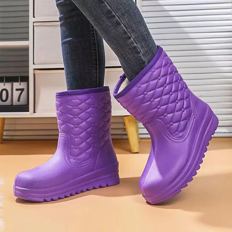 2023 Women's Winter High Top Cover Foot  Plush Warm Rain Shoes Thick Sole Non Slip Waterproof Cotton Boots Water Shoes Work Shoe