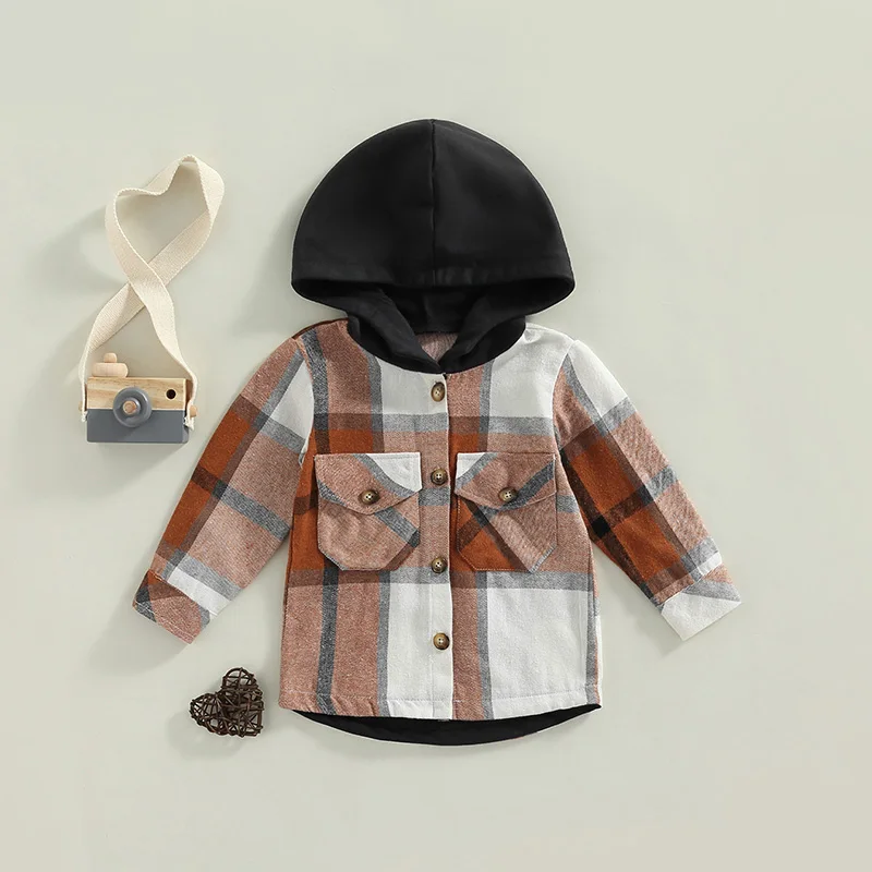FOCUSNORM 4 Colors 1-6Y Autumn Kids Boys Causal Shirts Coat Plaid Printed Patchwork Long Sleeve Single Breasted Hooded Tops