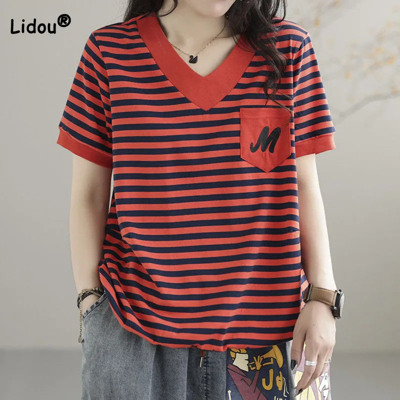 

Vintage V-Neck Contrast Color Striped T-shirt Women's Clothing Summer Loose Fashion All-match Short Sleeve Pullovers Tops Female