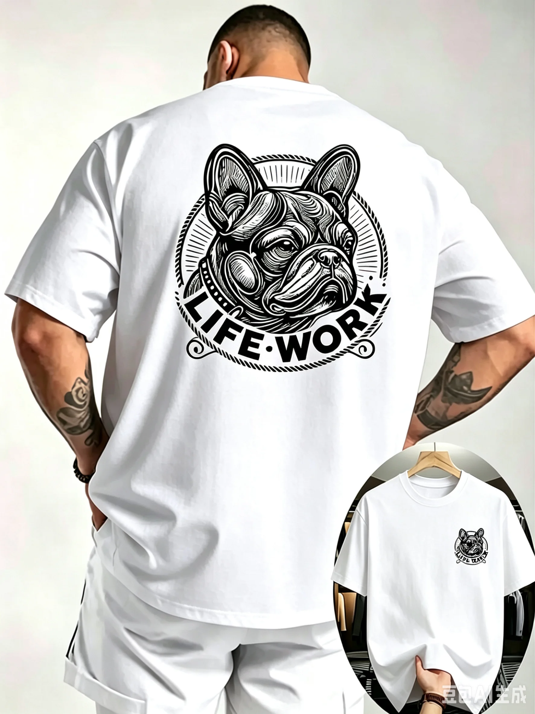 Herren Sommer-T-Shirt mit Retro-Kampfdruck, Kurzarm, 100% Baumwolle, Atmungsaktiv, Locker Geschnitten, Geeignet für Tierliebhaber, Tägliche Freizeitkleidung