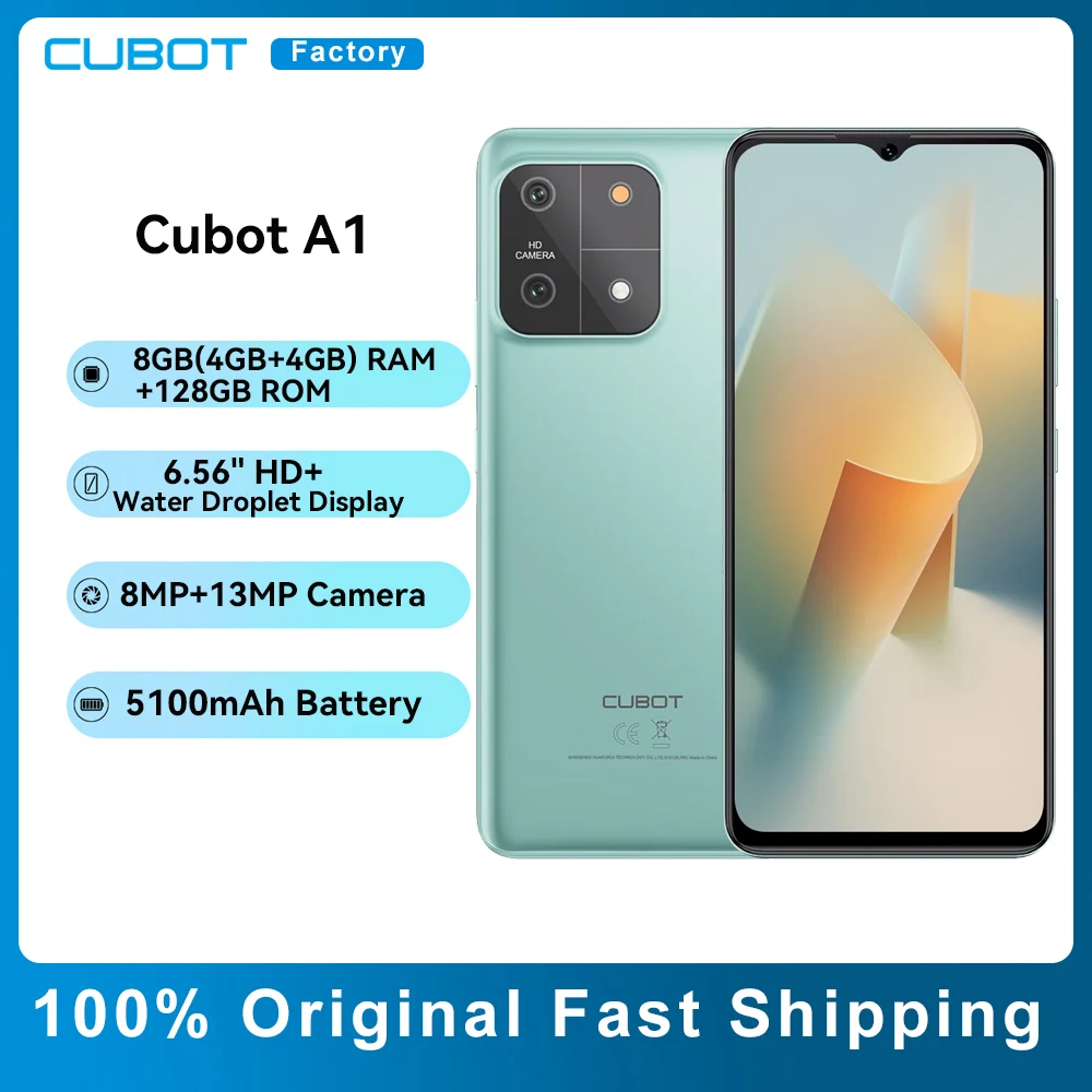 

Cubot A1,Octa Core,6.56" HD+ Water Droplet Screen,8GB(4GB+4GB)RAM,128GB ROM,Android 13,5100mAh Battery,Face ID,8MP+13MP Camera