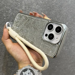 Luxury Plating Shiny Diamond Lanyard Phone Case with Wrist Strap - Shockproof Protective Cover - iPhone 14 (Silver)