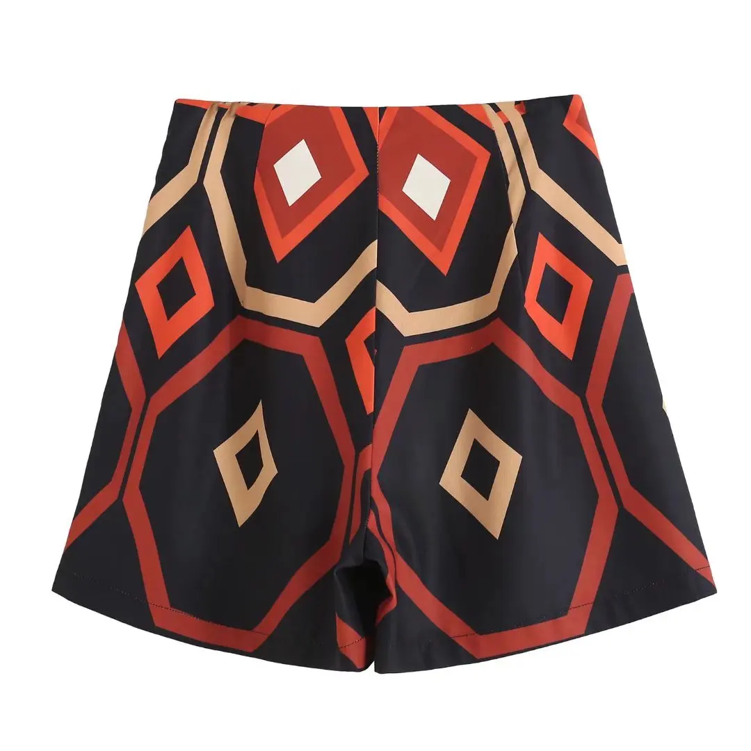 ZZJULY  Women Fashion Geometric Print Shorts Vintage High Waist Side Zipper Female Short Pants Mujer booty shorts for women