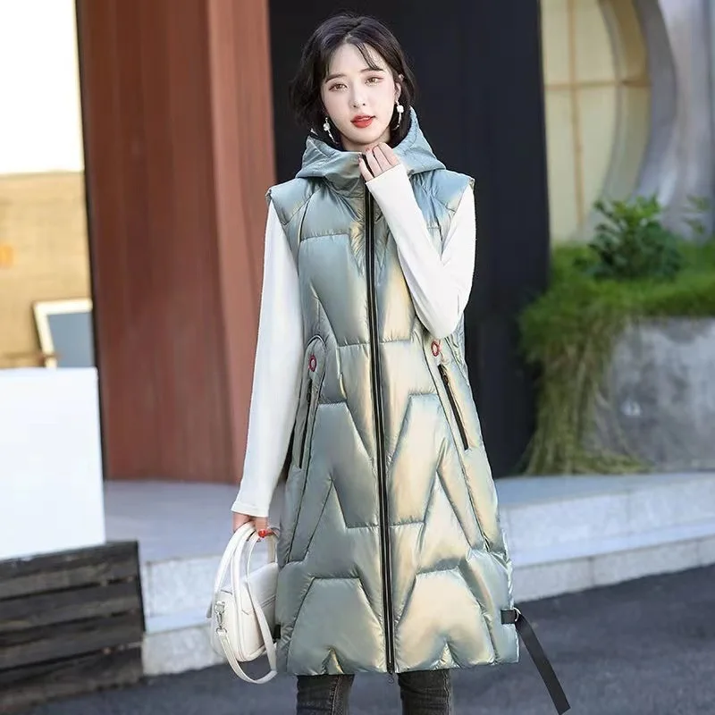

Vest Women White Sleeveless Down Cotton Coat 2023 Autumn Winter New Fashion Temperament Long Slim Light thicken Hooded Waistcoat