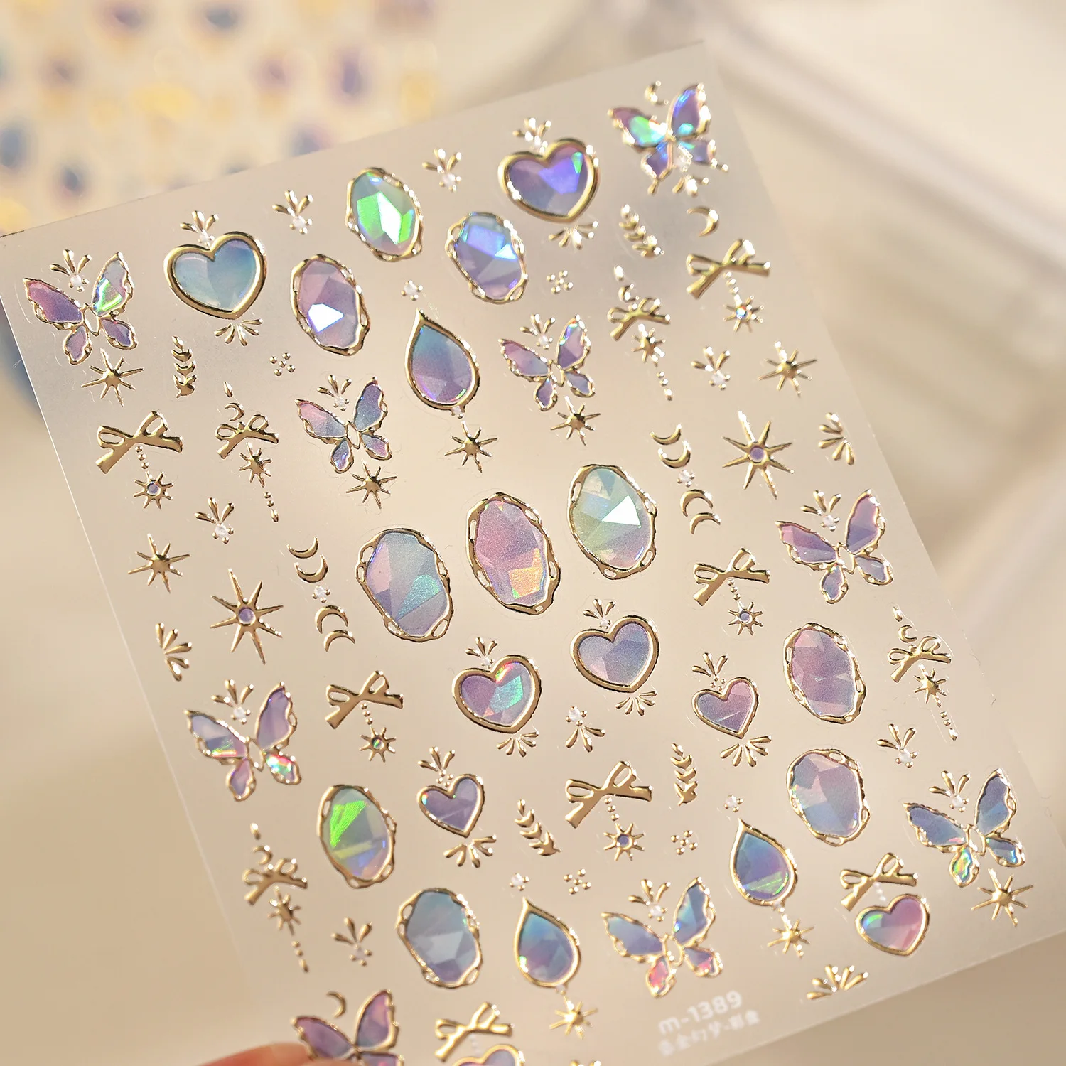 Lila Rosa Herz 5D Nagelkunst-Aufkleber Goldrand Kirschblüte Stern Achteckiger Stern Perle Schleife Edelstein Selbstklebende Nagelsticker DIY – Detail 26