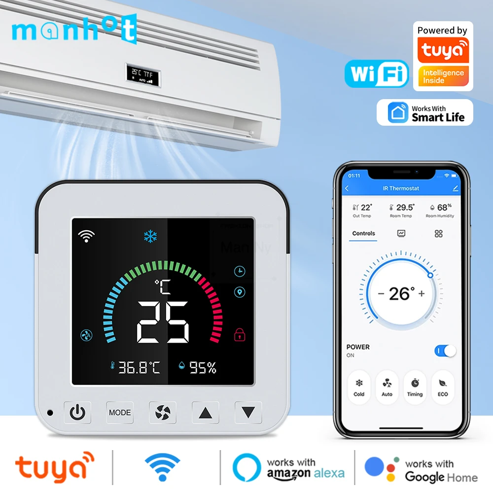 Tuya สมาร์ทเครื่องปรับอากาศ IR รีโมทคอนโทรล WiFi อุณหภูมิความชื้นเซนเซอร์เทอร์โม LCD หน้าจอสัมผัส Alexa 1