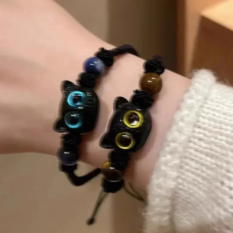 Cute Natural Stone Black Cat Bracelet for Women Girls Cartoon Animal Beaded Bracelets Handmade Jewelry Friends Couple Gifts
