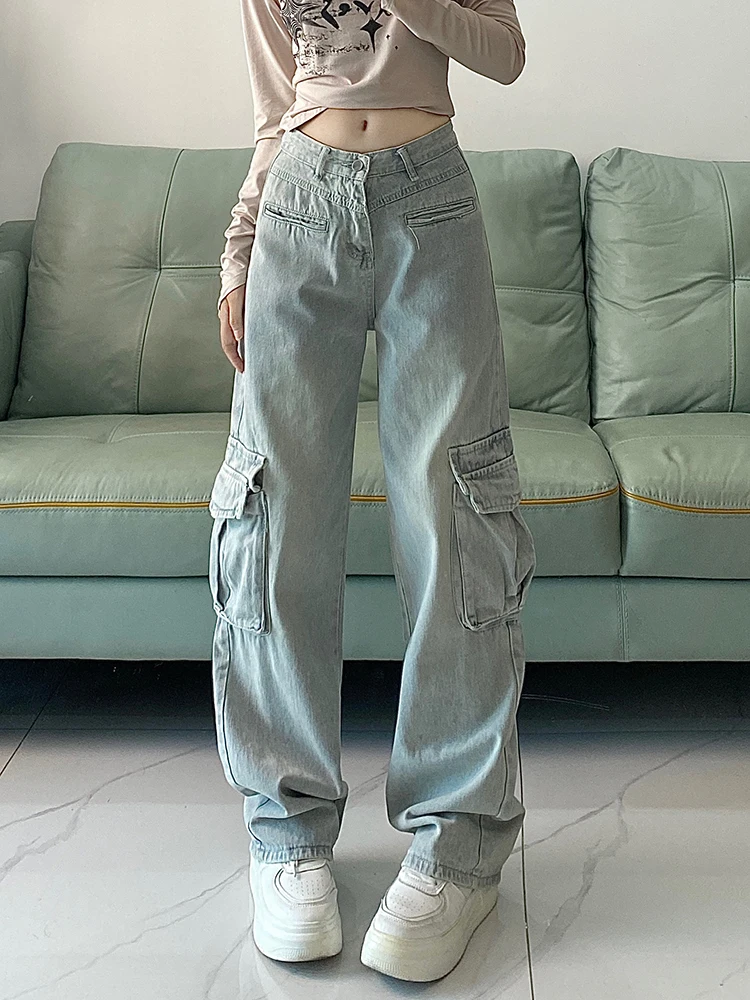 Cargo Pants Women High Waisted Jeans Full Length Wide Leg Loose Light Blue  Jeans Streetwear Vintage Pockets Trousers Autumn New - AliExpress
