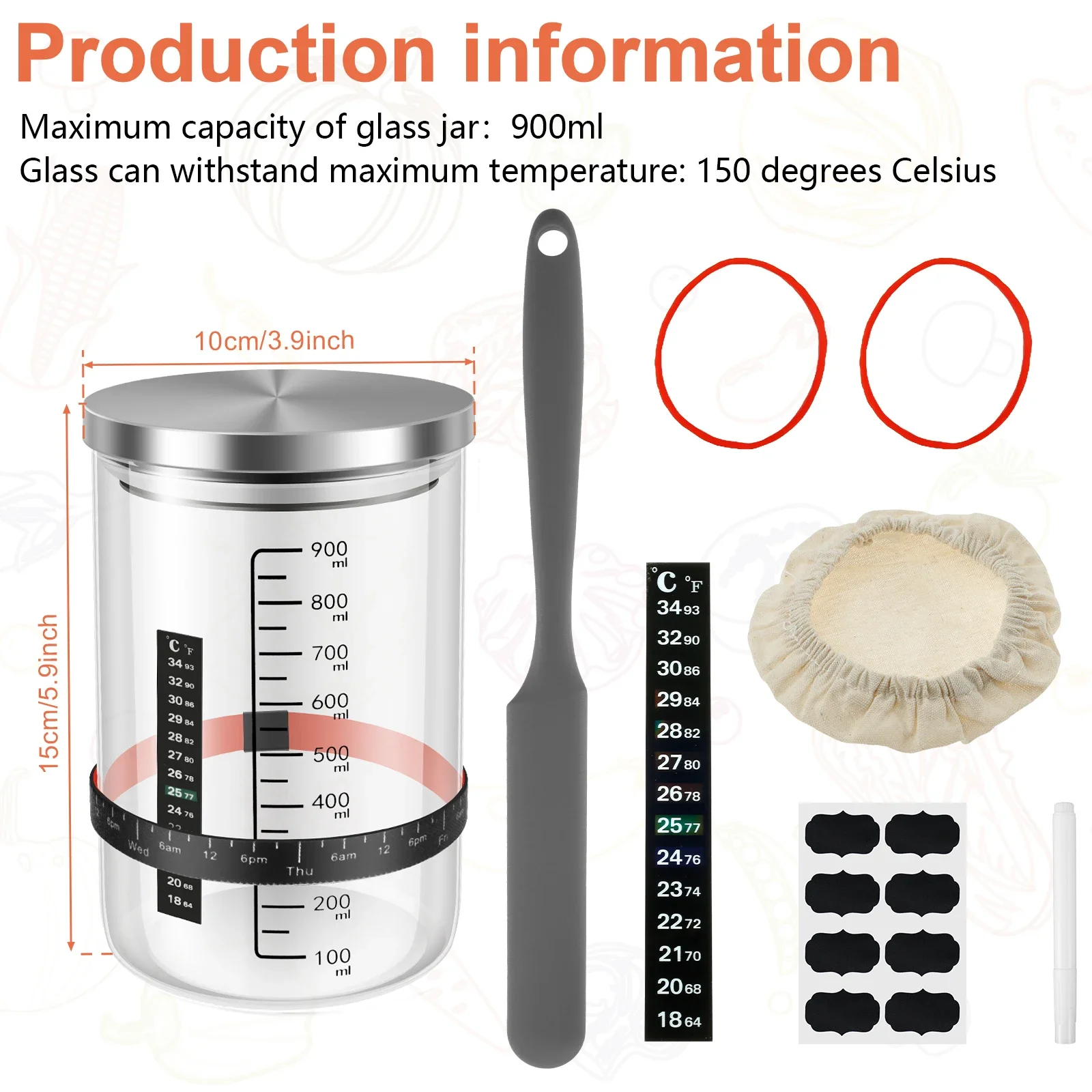 900ml Sourdough Starter Jar Kit Clear Glass Heat Resistant Sourdough Starter Container Baking Fermentation Jar Food Storage Tool