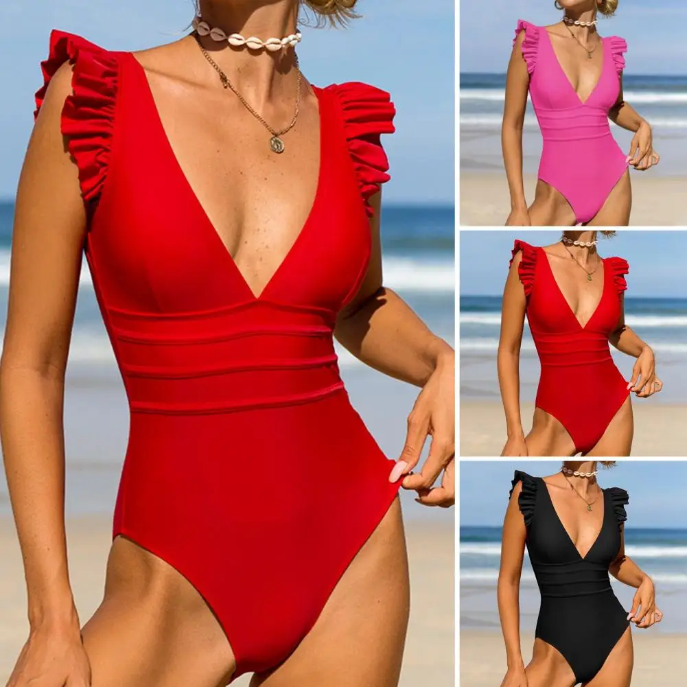 

One-piece Monokini Wading Sports Swimsuit Elegant Ruffle Edge Monokini Swimsuit for Women V Neck Quick Dry Wireless for Surfing