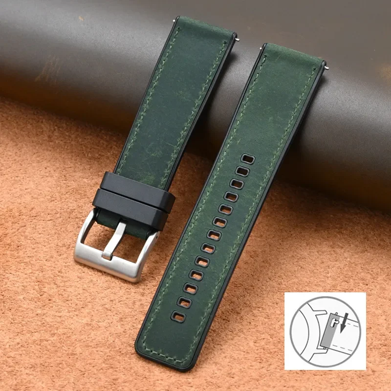 Premium Crazy Horse Leather Rubber Strap - Quick Release Sport Waterproof TPU Watchband Replacement