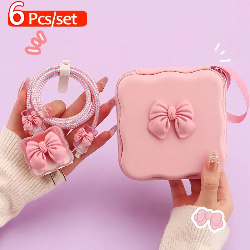Cable Protector Set 5 in 1 Storage Bag Lovely Bow Knot Travel Storage Cable Charger Organizer