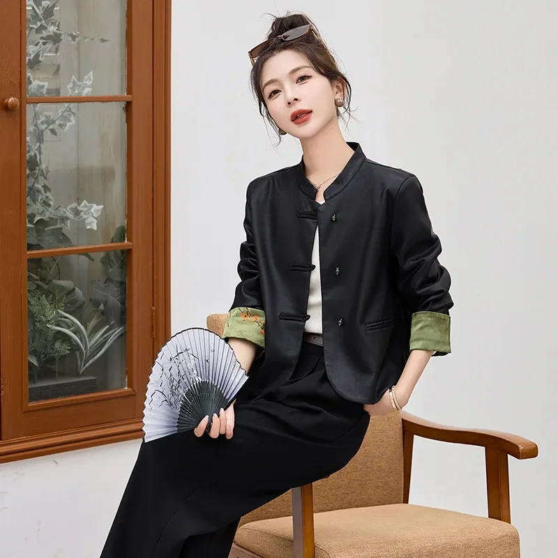 용수철 스탠드 칼라 인조 양가죽 크롭 재킷, 중국 스타일  가죽 의류, 2024 신상