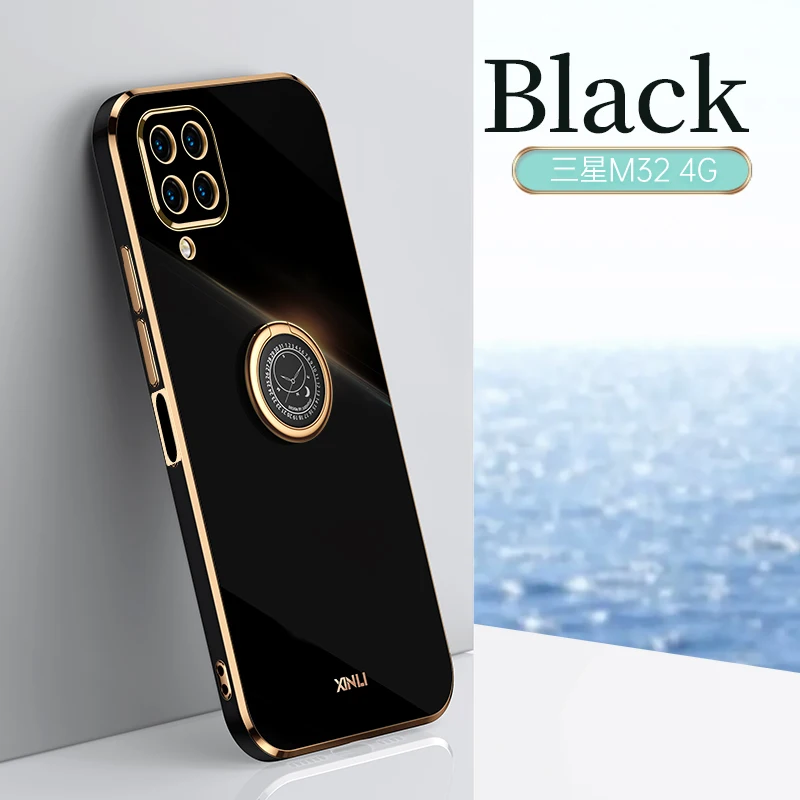 Luxury Square Plating Silicone Phone Case with 360° Ring Holder - Full Body Protective Soft Back Cover