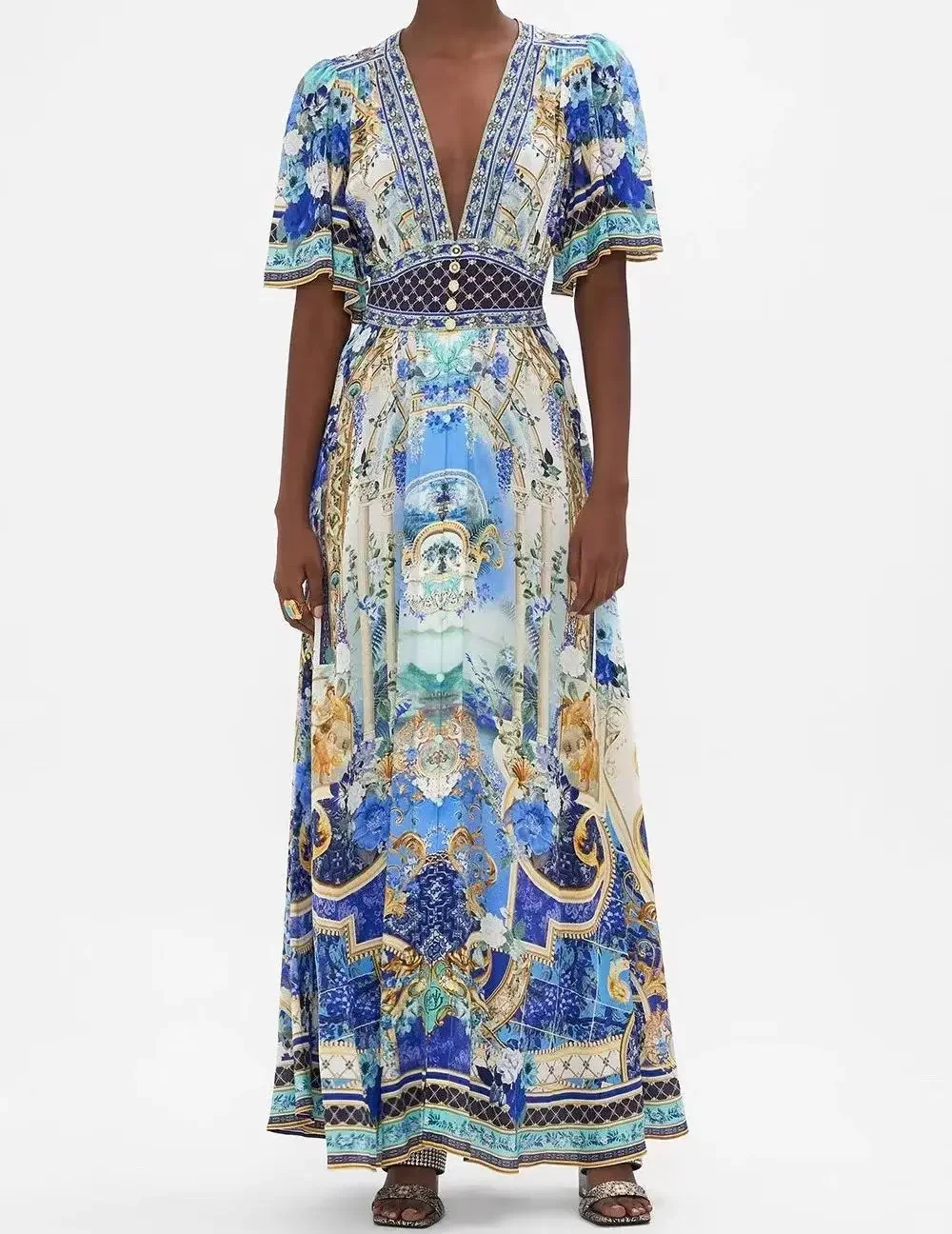 

Women Blue Flower Printed Deep V-Neck Short Sleeve High Waist Holiday Maxi Dress