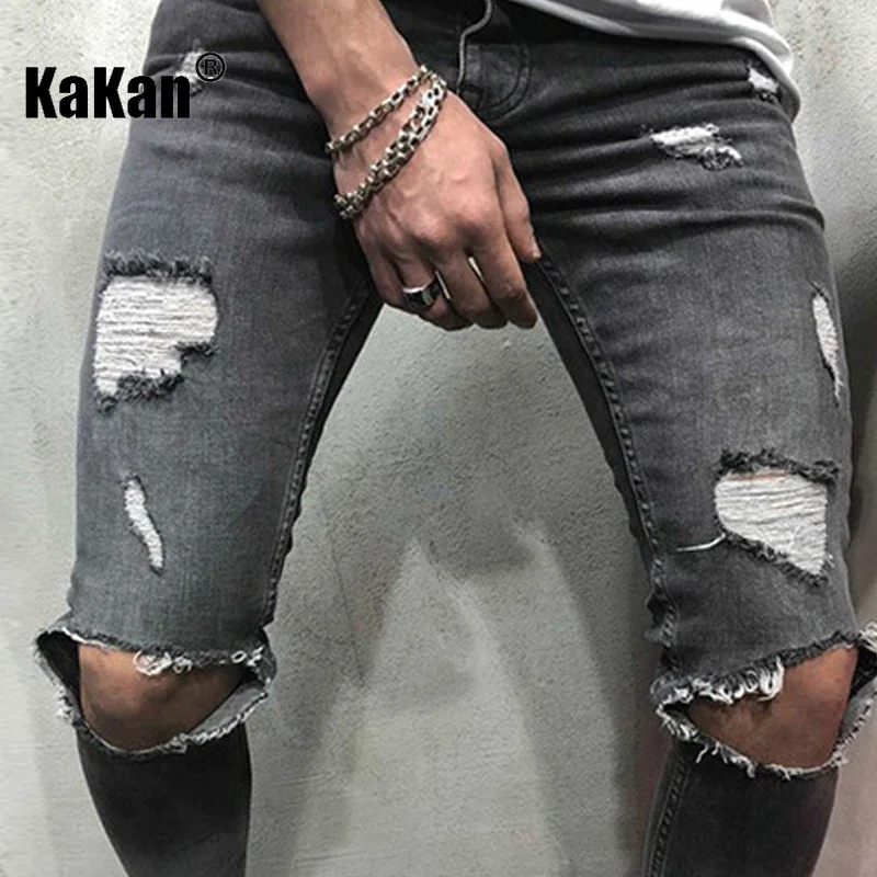 Kakan - European and American New Distressed Slim Fit Jeans for Men, Street Black Gray Leggings Long Jeans K16-11098