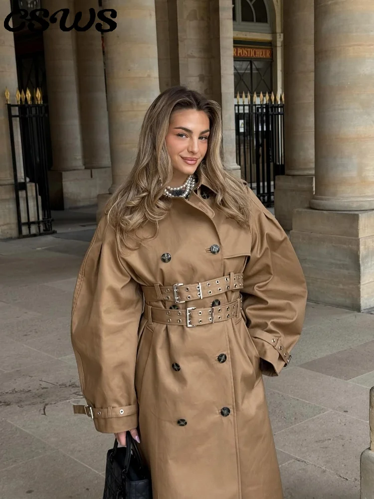 سترة نسائية أنيقة بحزام مزدوج سترة واقية كاكي غير رسمية بأكمام طويلة وزر على شكل طية صدر السترة سترة نسائية لخريف وشتاء ملابس خروج للسيدات