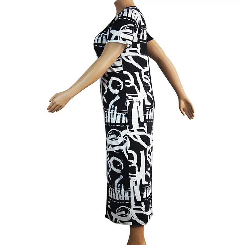 Plus Size Casual Summer Clothes for Women Round Neck Black and White Printing Short Sleeve Pullover Slim Ankle-length Dresses