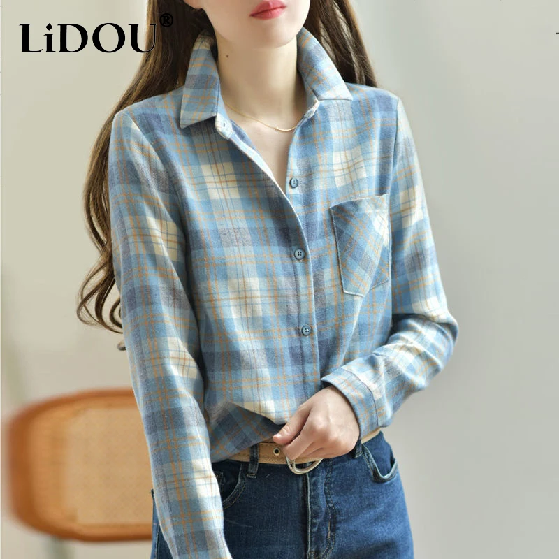 

Spring Autumn Vintage Plaid Print Casual Shirt Ladies Long Sleeve Elegant Fashion Basic Blusa Top Women Simple All-match Blouse
