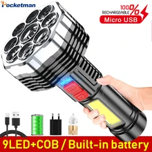 

Super Bright 9LED+COB Flashlight 4 Modes Waterproof USB Rechargeable Torch Outdoor Fishing Camping Long Life build-in Battery