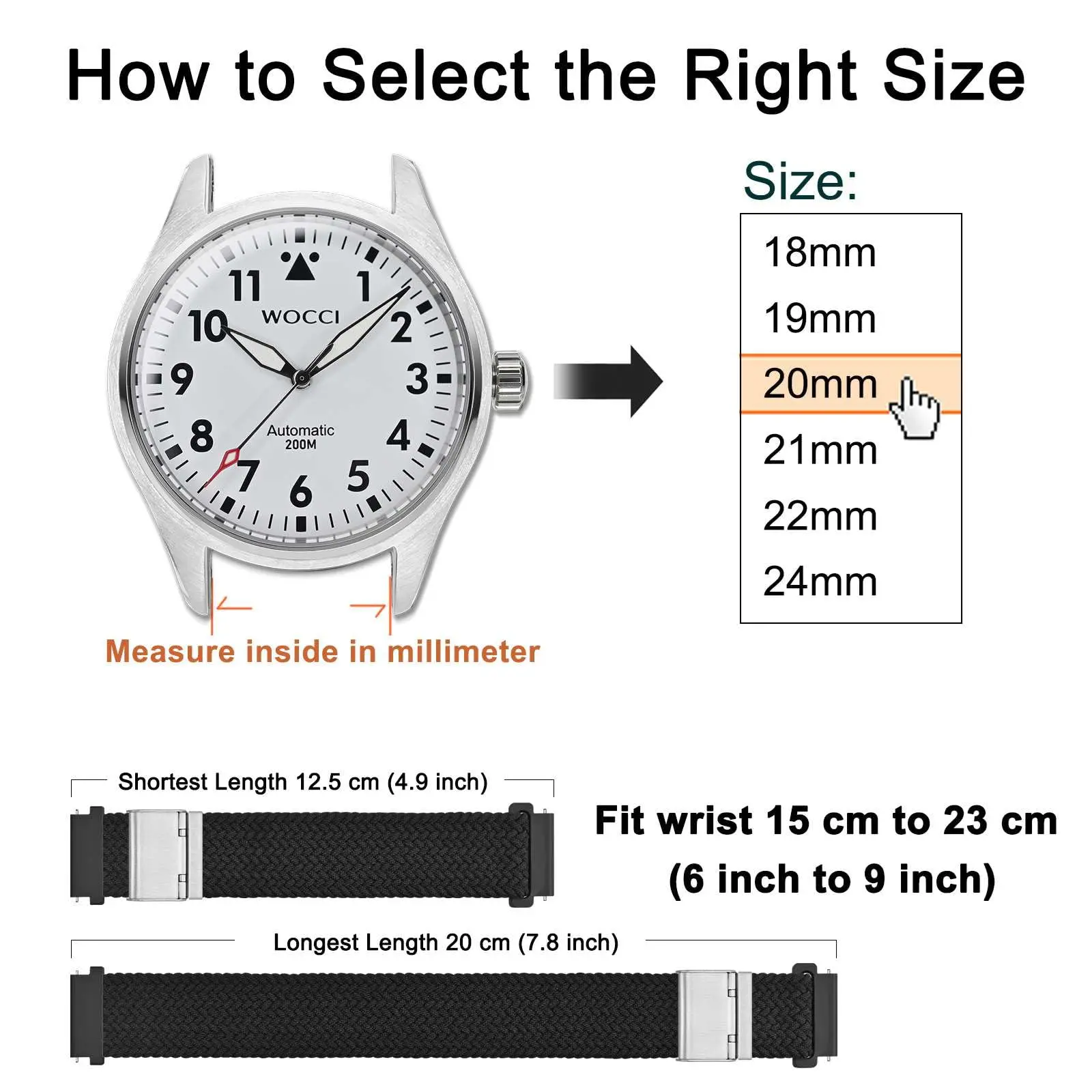 Braided Nylon Watch Band with Quick Release and Silver Stainless Steel Buckle, 20mm
