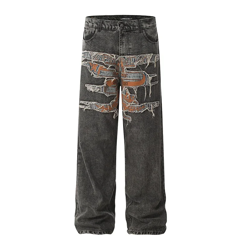 24FW Heavy Fabric Y/PROJECT Jeans Men Women High Street Vintage Washed Black Patch Embroidery Denim Pants Oversized Trousers 2
